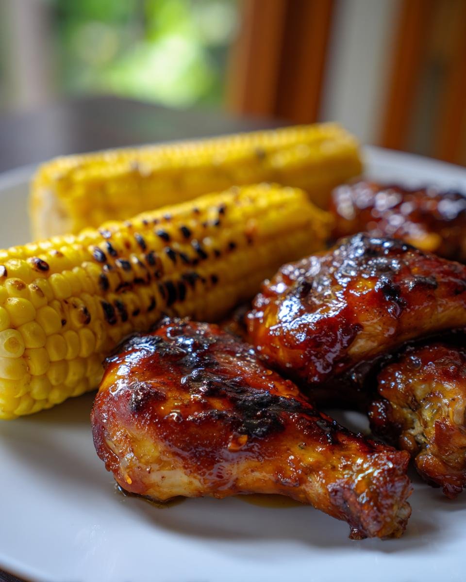 BBQ Chicken Legs with Honey-Mustard Glaze and Corn on the Cob