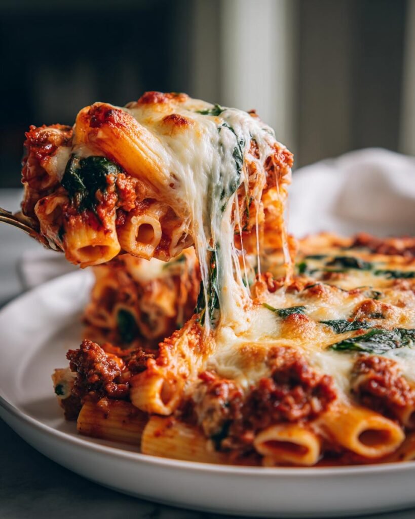 Baked Ziti with Sausage, Spinach & Mozzarella