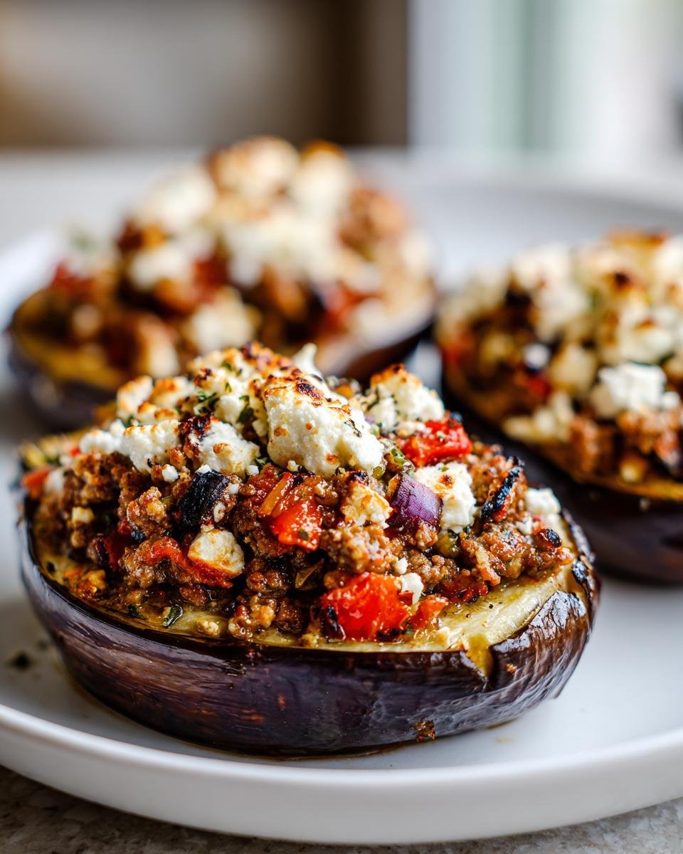 Greek Stuffed Eggplants with Lamb, Tomato & Feta