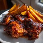 Honey Sriracha Glazed Chicken Thighs with Sweet Potato Wedges