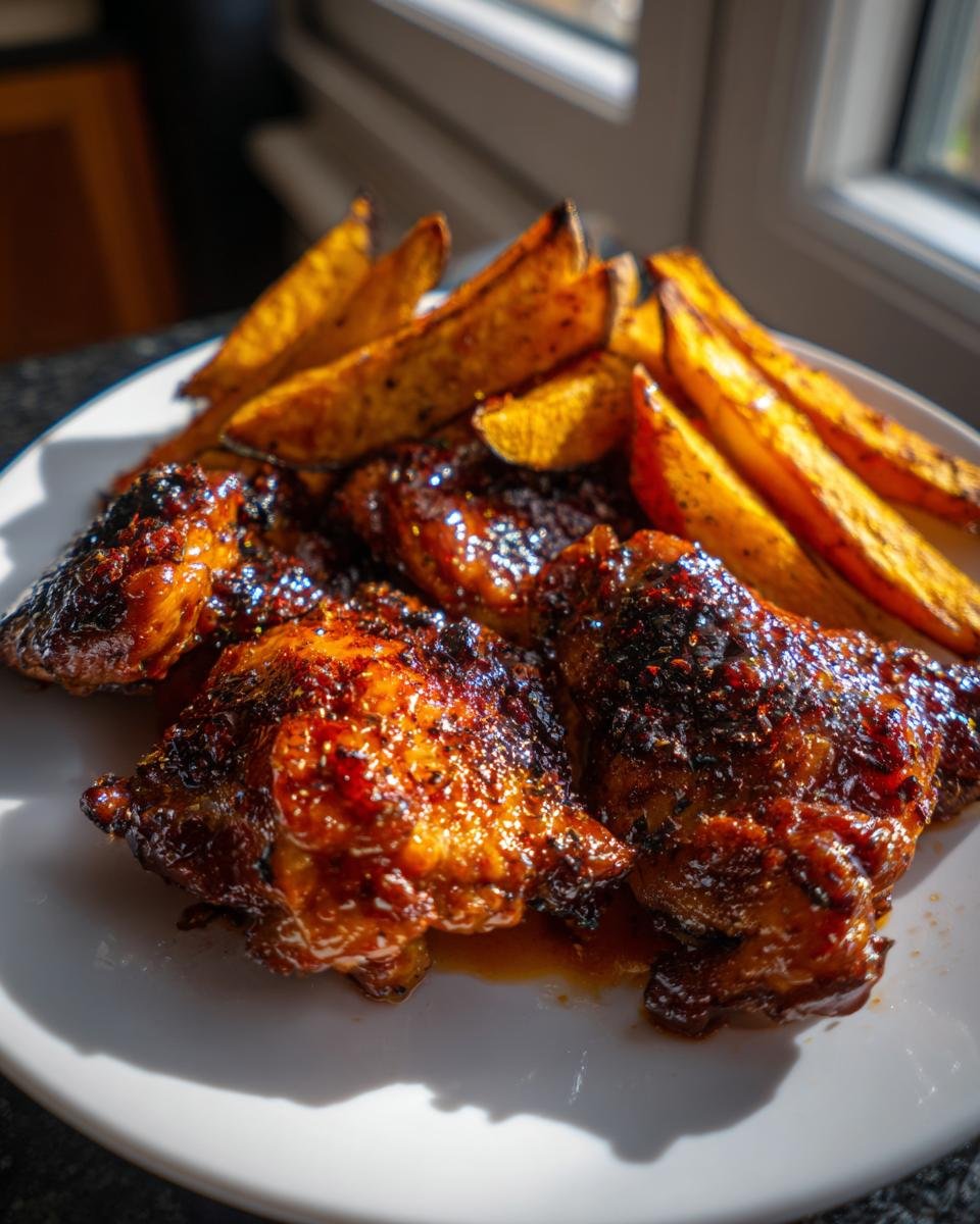 Honey Sriracha Glazed Chicken Thighs with Sweet Potato Wedges